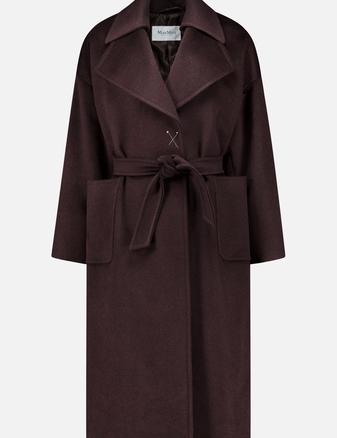 Dark brown MAX MARA Wrap Trench Coat in a knee-length wrap style, featuring wide lapels, large front pockets, and a matching fabric tie belt.