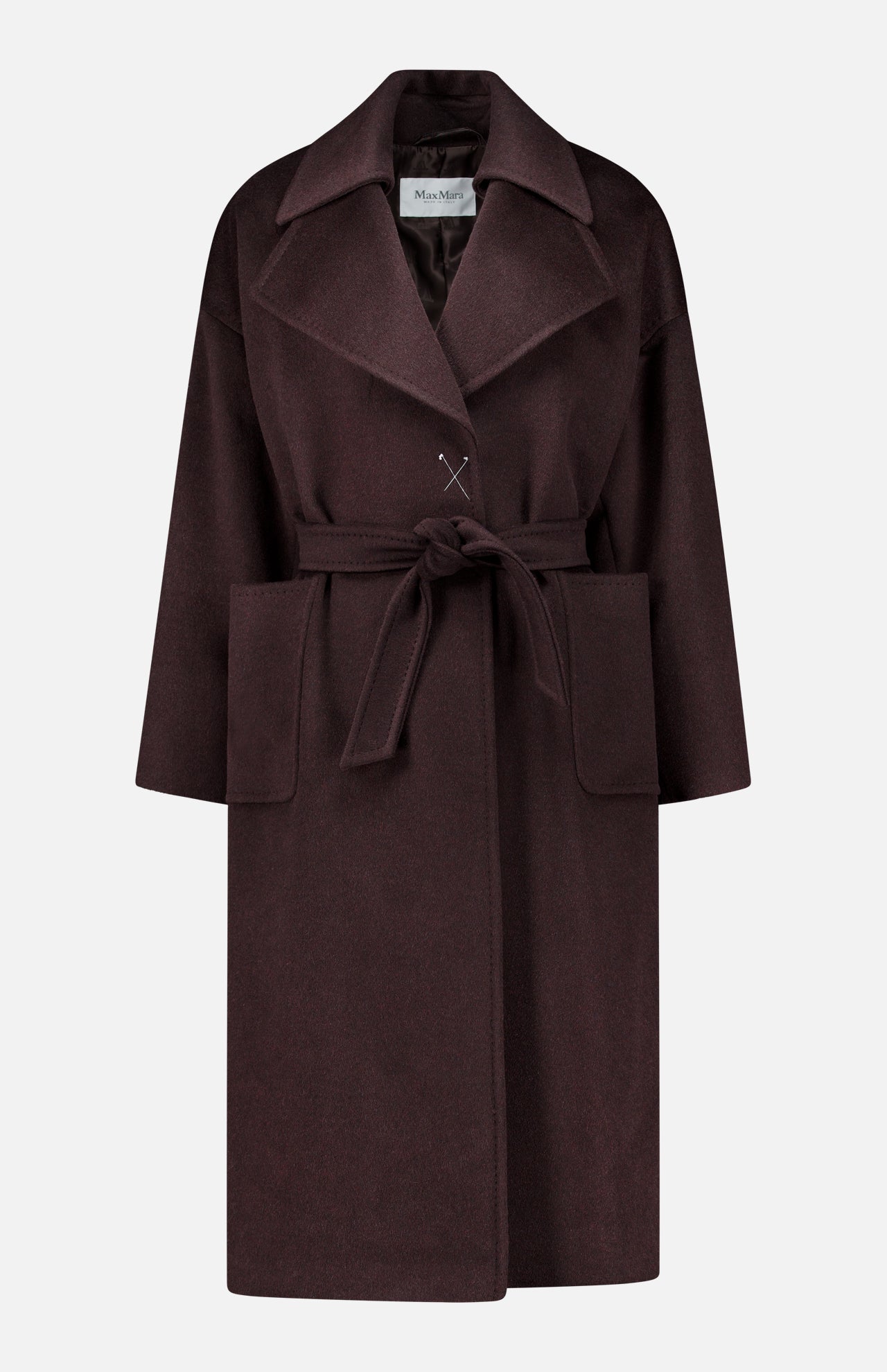 Dark brown MAX MARA Wrap Trench Coat in a knee-length wrap style, featuring wide lapels, large front pockets, and a matching fabric tie belt.