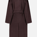 Back view of a dark brown Max Mara Wrap Trench Coat made in Italy, featuring a waist tie and a single back vent.