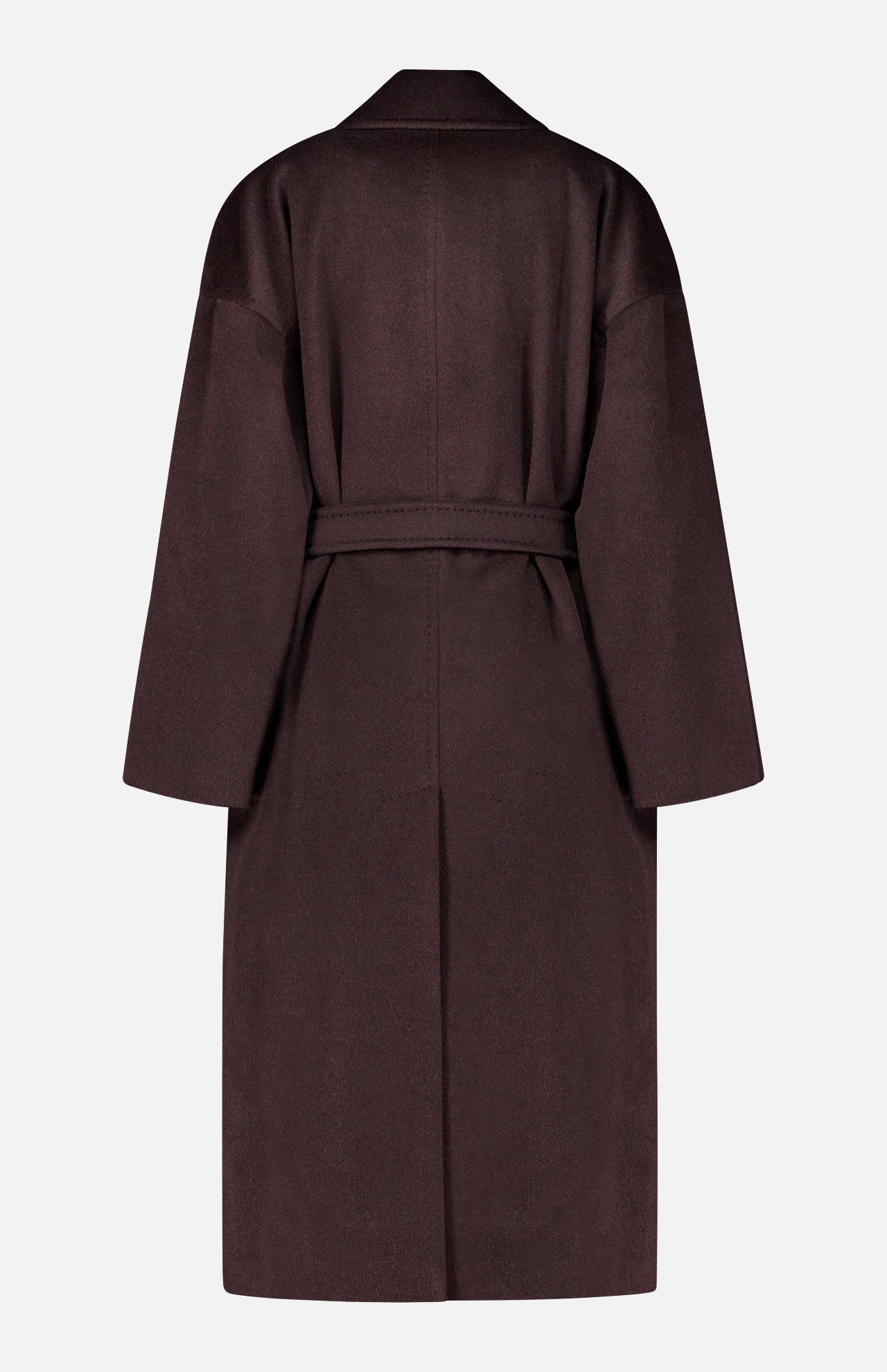 Back view of a dark brown Max Mara Wrap Trench Coat made in Italy, featuring a waist tie and a single back vent.