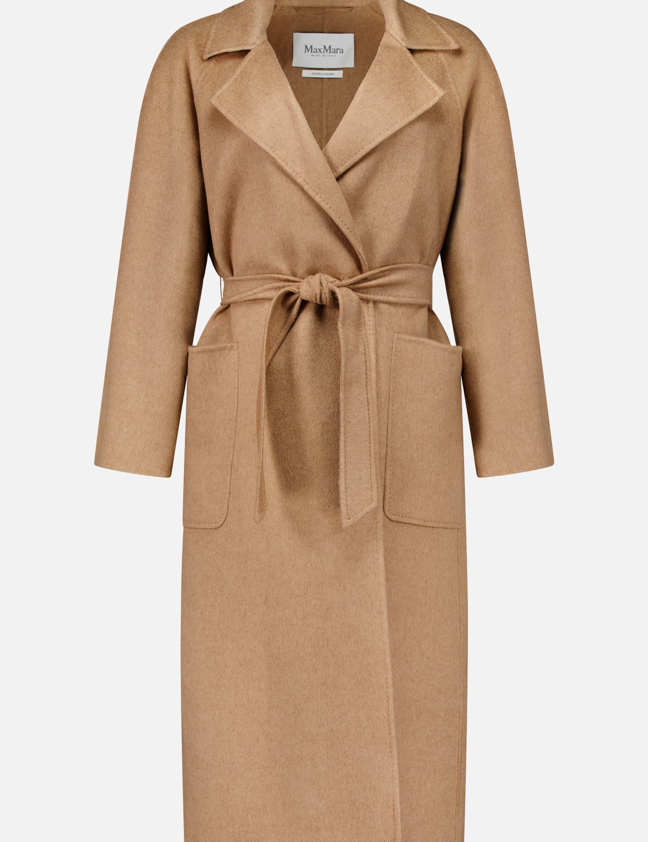 Tan MAX MARA Wrap Trench Coat made in Italy with a tie waist and two large front pockets.