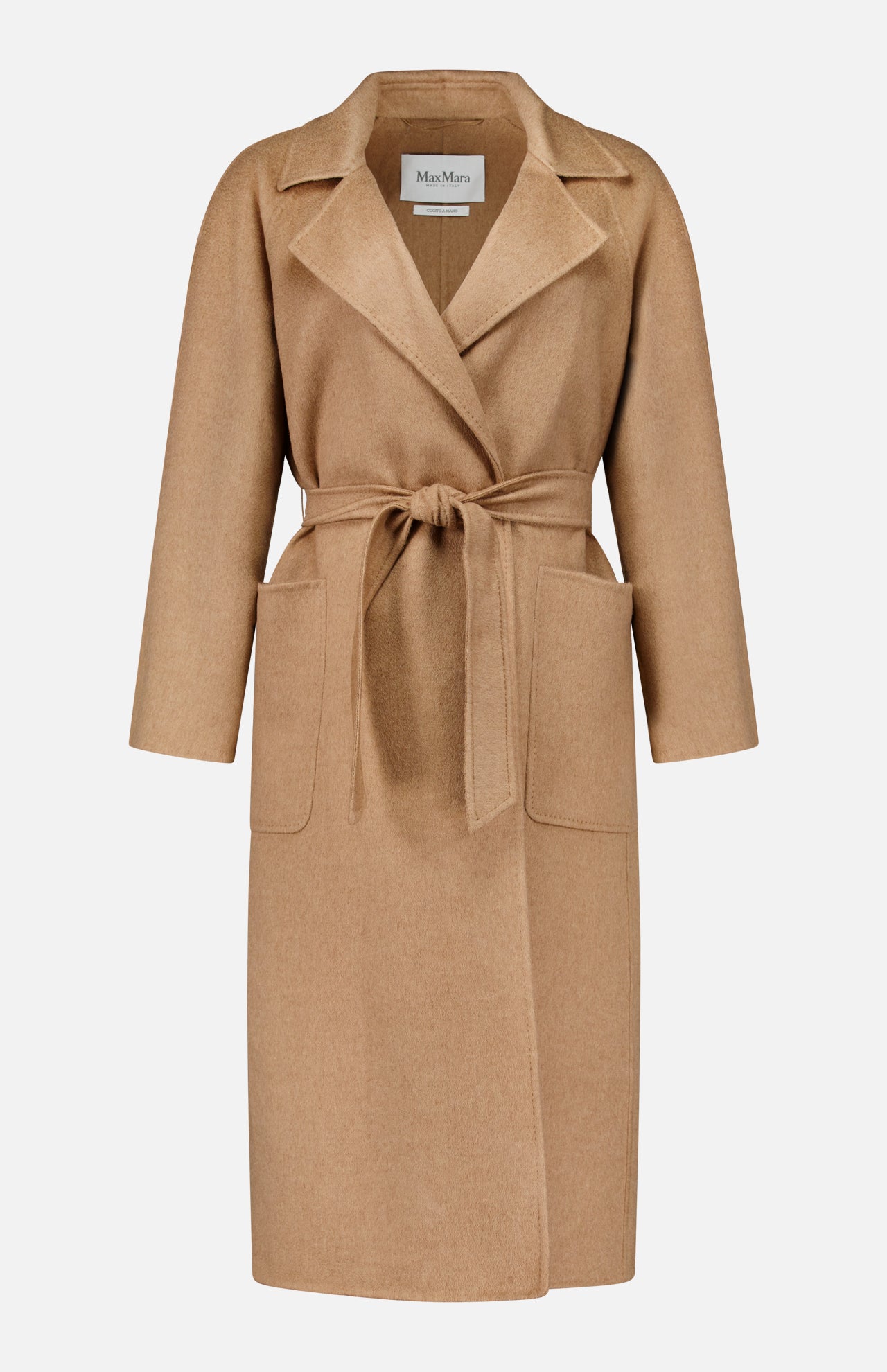Tan MAX MARA Wrap Trench Coat made in Italy with a tie waist and two large front pockets.