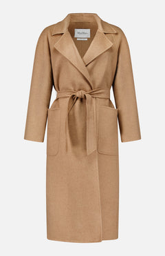 Tan MAX MARA Wrap Trench Coat made in Italy with a tie waist and two large front pockets.