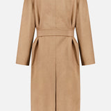 Back view of a tan Max Mara Wrap Trench Coat featuring a belted waist and a center back vent.