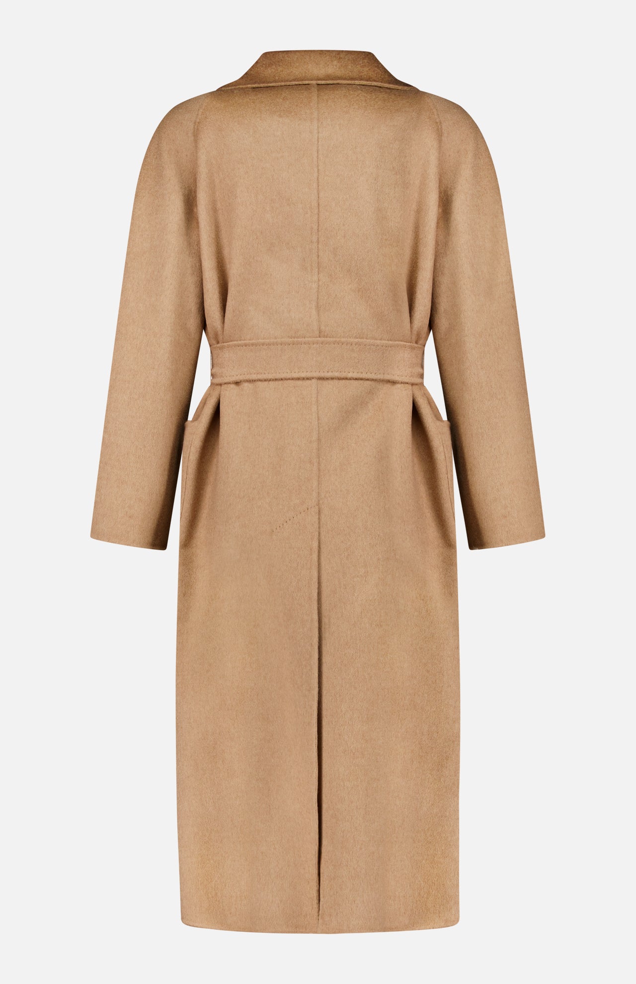 Back view of a tan Max Mara Wrap Trench Coat featuring a belted waist and a center back vent.