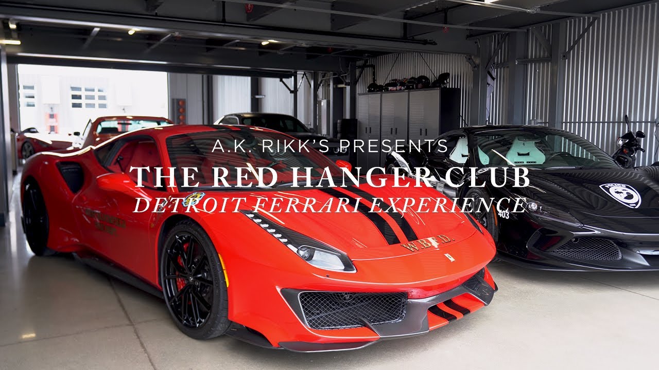 image with text "A.K. Rikk's Presents the Red Hanger Club Detroit Ferrari Experience" image is of two Ferrari's in a private garage, one is black and one is red. 