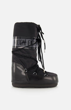 A single black MOON BOOTS Moon Boot Icon Boot with shiny and matte panels, thick crisscross laces, and MOON BOOTS branding near the top, shown in profile against a white background.