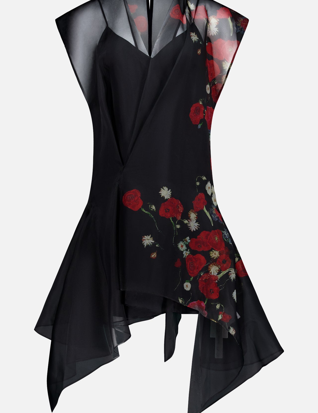The Merith Sheer Silk Dress by KHAITE features an asymmetrical black design with sheer, flowing panels, a V-neckline, red floral accents on one side, and a handkerchief hem.