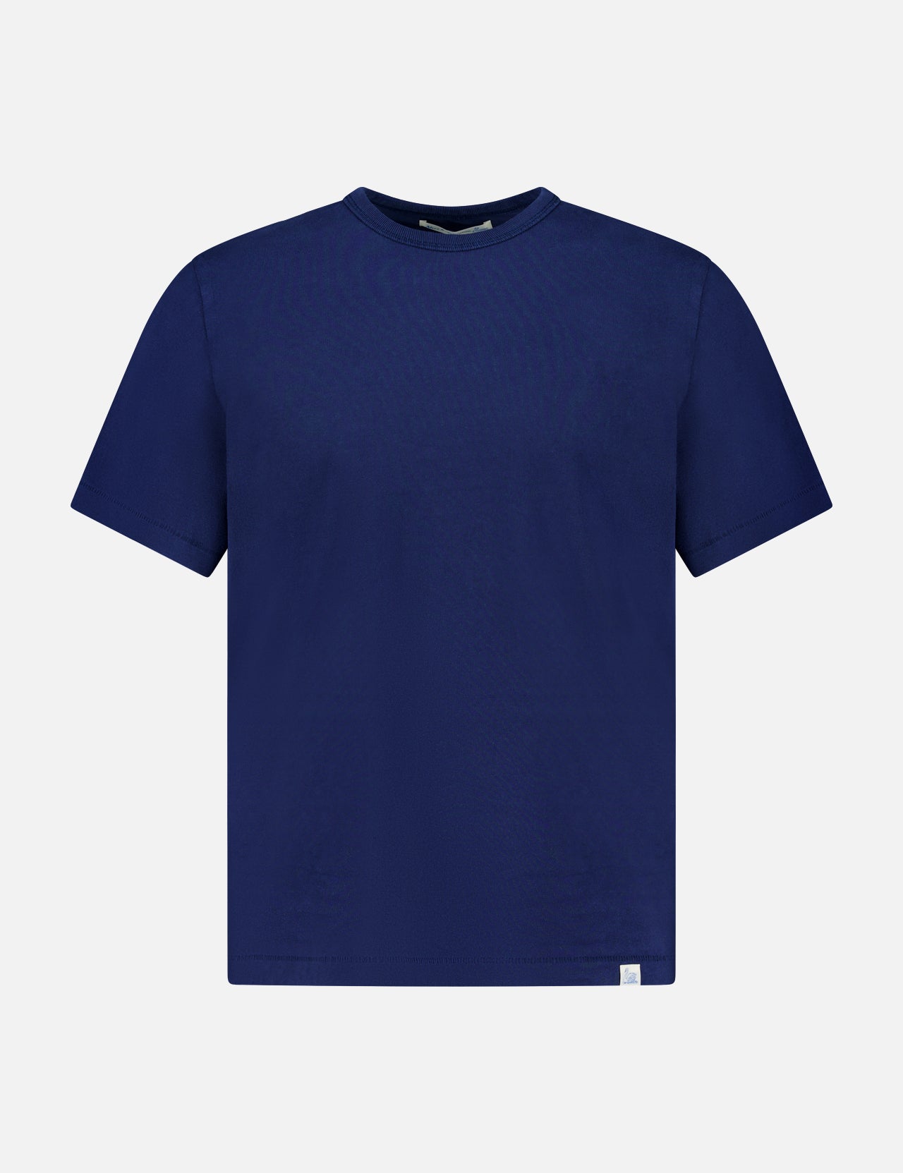 The Classic Jersey T-shirt by Merz B. Schwanen is a plain navy blue short-sleeve tee crafted from mid-weight jersey, featuring a classic crew neck and shown against a white background.