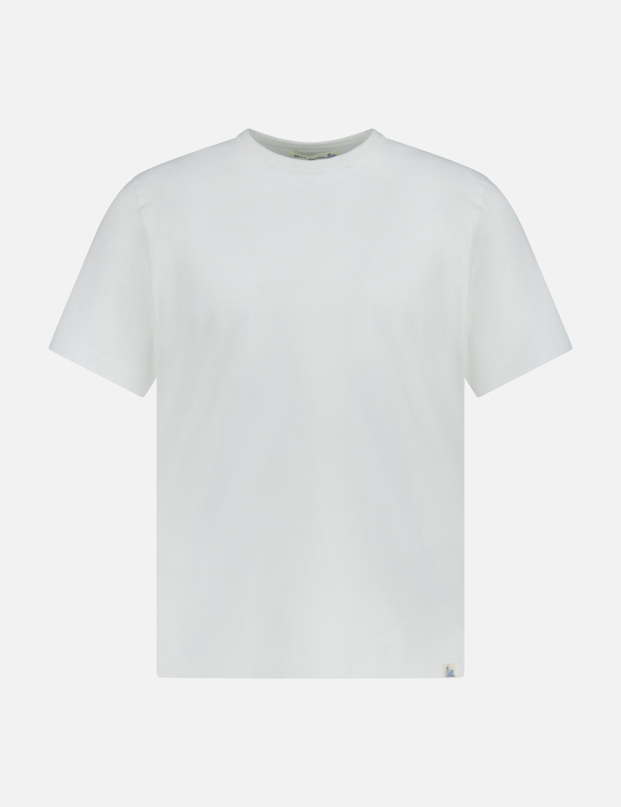 The Classic Jersey T-shirt by Merz B. Schwanen, expertly crafted from mid-weight jersey, features a plain white short-sleeve crew neck design and is displayed on a white background.