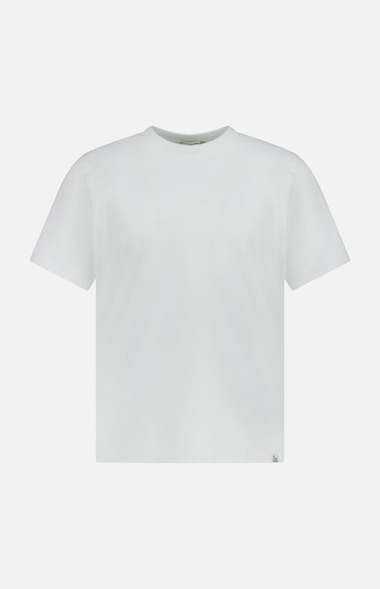 The Classic Jersey T-shirt by Merz B. Schwanen, expertly crafted from mid-weight jersey, features a plain white short-sleeve crew neck design and is displayed on a white background.
