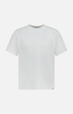 The Classic Jersey T-shirt by Merz B. Schwanen, expertly crafted from mid-weight jersey, features a plain white short-sleeve crew neck design and is displayed on a white background.