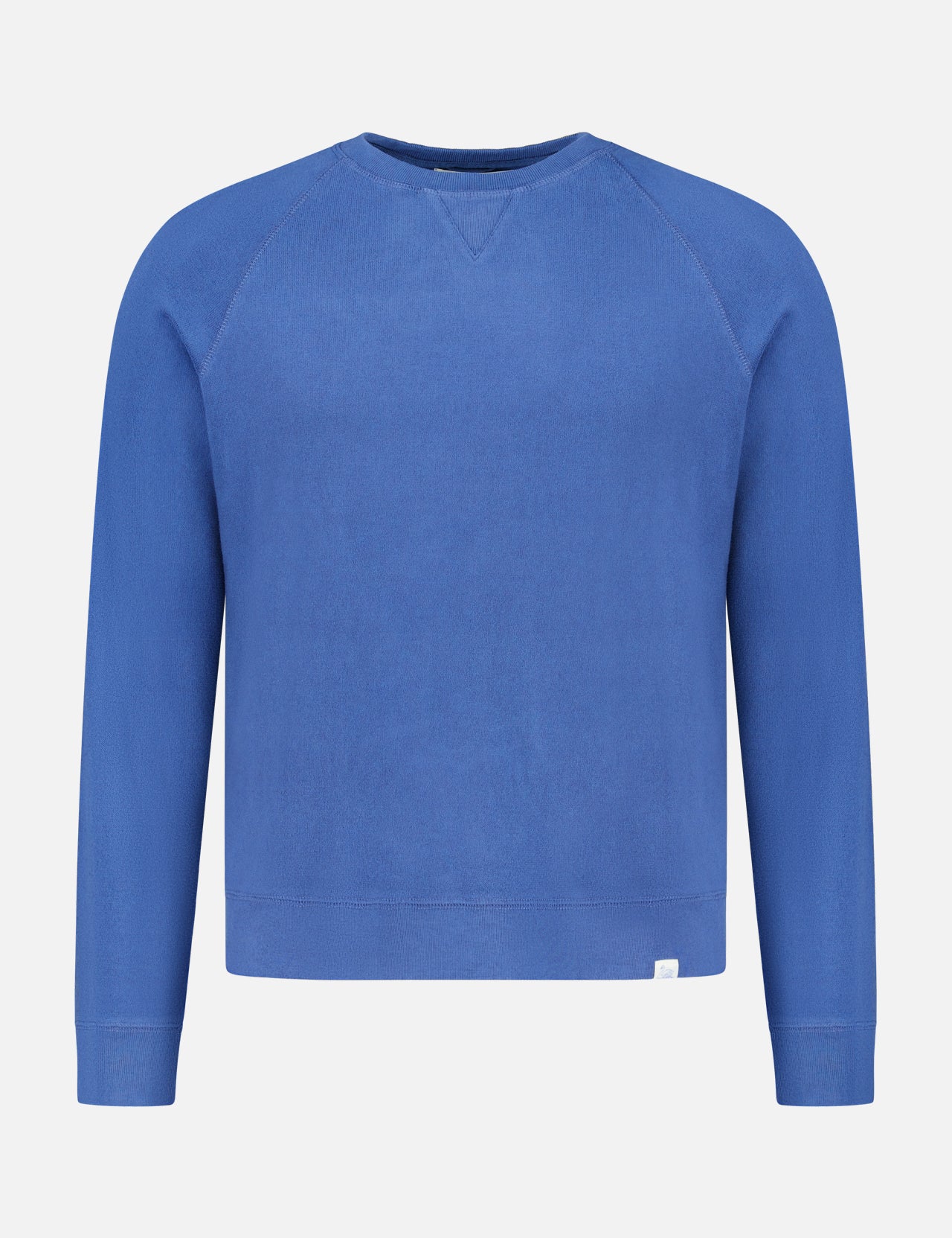 The Merz B. Schwanen Light Weight Crewneck Sweatshirt is a plain, long-sleeved blue top in soft organic cotton, shown on a white background.