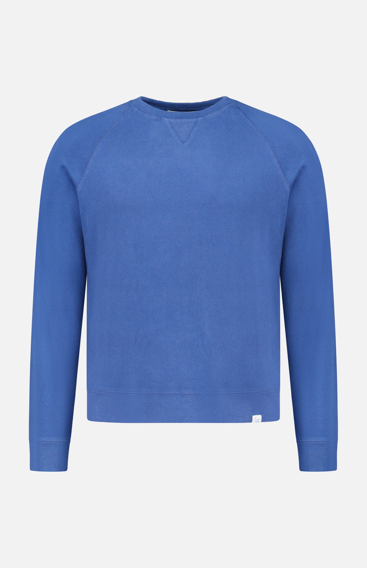The Merz B. Schwanen Light Weight Crewneck Sweatshirt is a plain, long-sleeved blue top in soft organic cotton, shown on a white background.