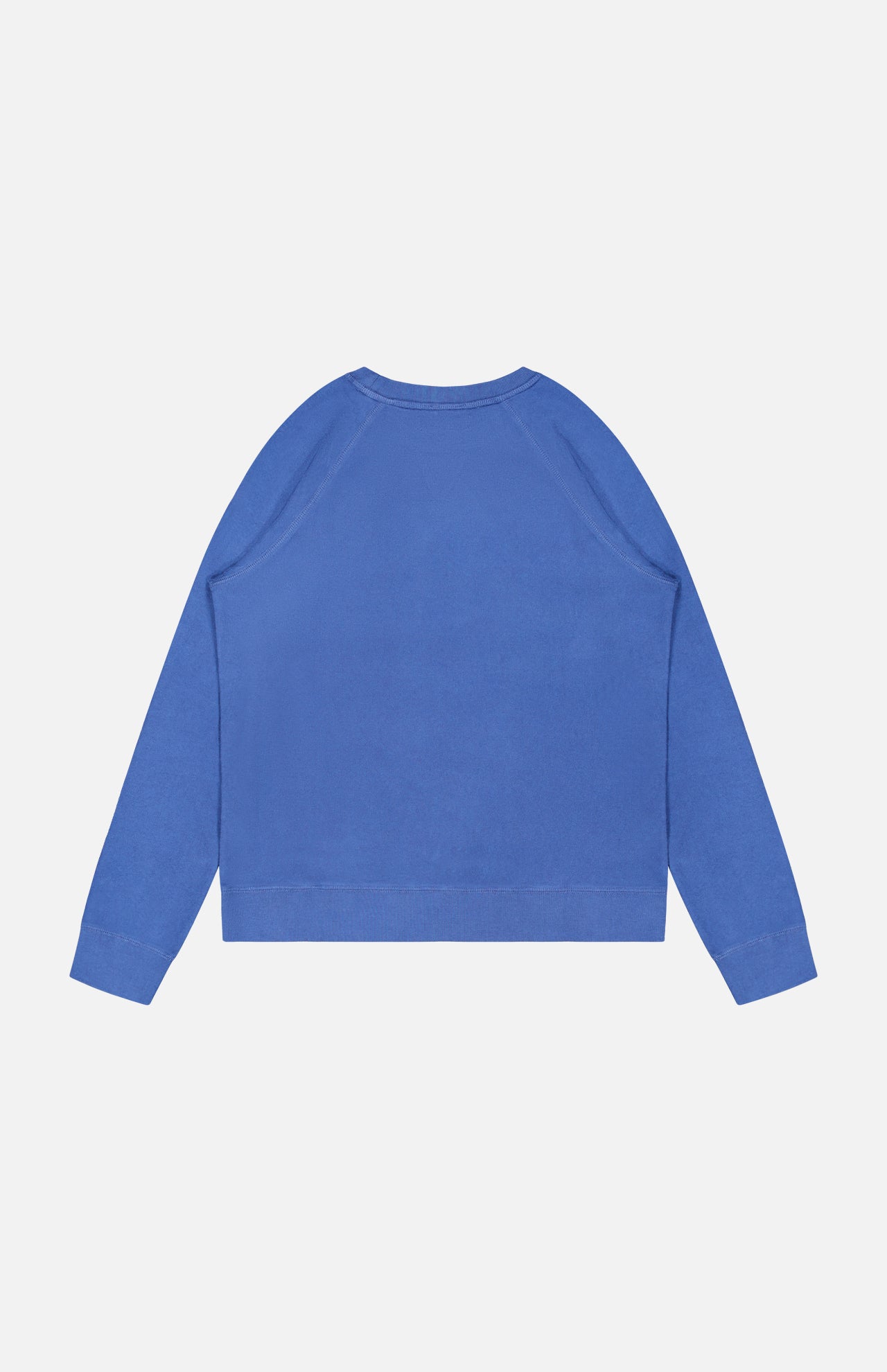 The Merz B. Schwanen Light Weight Crewneck Sweatshirt in blue, featuring long sleeves and a crew neck, is shown laid flat from the back on a white background.