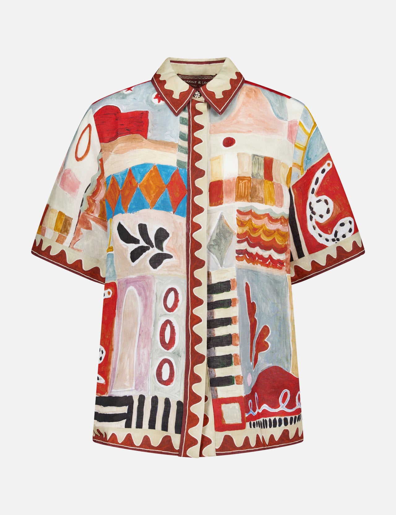 The Michelle Relaxed Linen Shirt by ALEMAIS features a relaxed fit and an abstract, colorful print with geometric shapes and organic forms in red, orange, blue, black, and beige—a collaboration with artist LRNCE Laurence Leenaert.