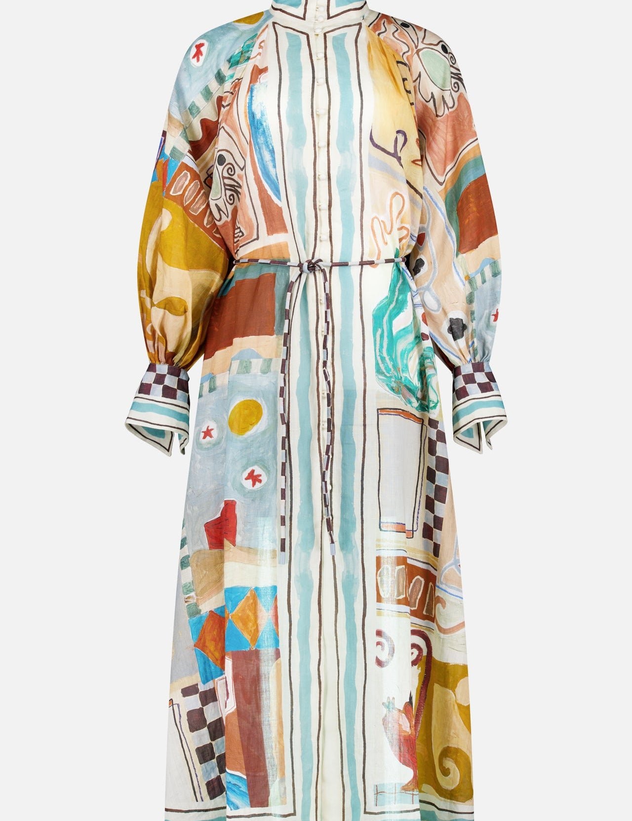 The Michelle Midi Shirtdress by ALEMAIS features long sleeves, a high collar, adjustable waist tie, and vibrant abstract LRNCE patterns on sheer fabric in blue, brown, yellow, and red.