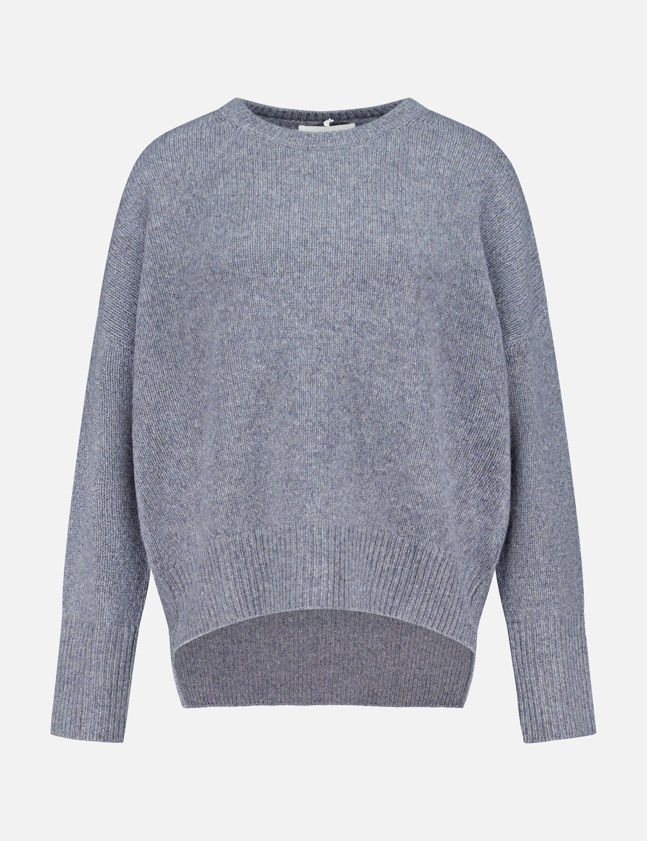 The Mila D Cashmere Sweater by LISA YANG is a heather gray, long-sleeve crew neck with ribbed cuffs and hem, a slightly high-low cut, and heavy knit texture. Shown against a plain white background.