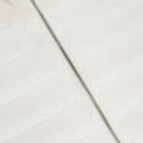 Close-up of the MONCLER Down Filled Cardigan Jacket in white, featuring horizontal quilting, a shinysilver center zipper, and a ribbed collar.