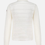 Back view of the MONCLER Down Filled Cardigan Jacket, featuring quilted, padded body and smooth, ribbed sleeves and collar, photographed against a plain white background.