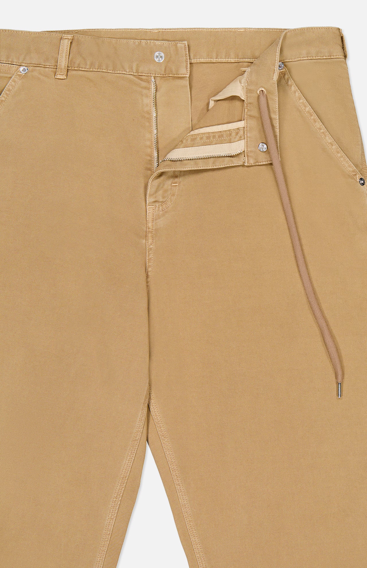 A close-up of MONCLER Stretch Cotton Cargo Trouser Pants in tan, with the waistband open to reveal a zipper, button, and drawstring. The smooth fabric features front pockets accented with metal rivets.