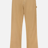 The MONCLER Stretch Cotton Cargo Trouser Pants in tan feature a straight-leg fit, belt loops, front pockets, and button closure. Shown on a plain white background.