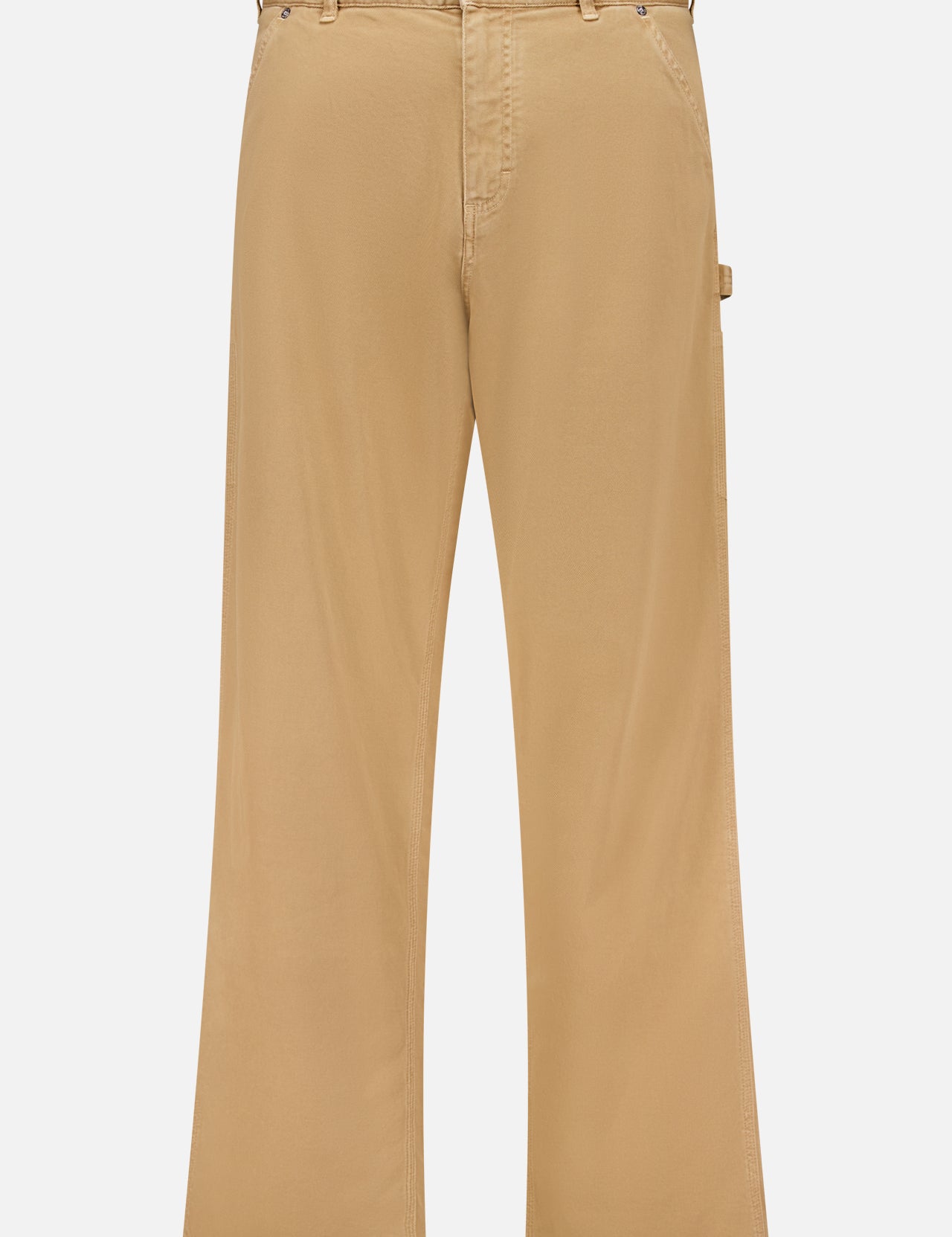 The MONCLER Stretch Cotton Cargo Trouser Pants in tan feature a straight-leg fit, belt loops, front pockets, and button closure. Shown on a plain white background.