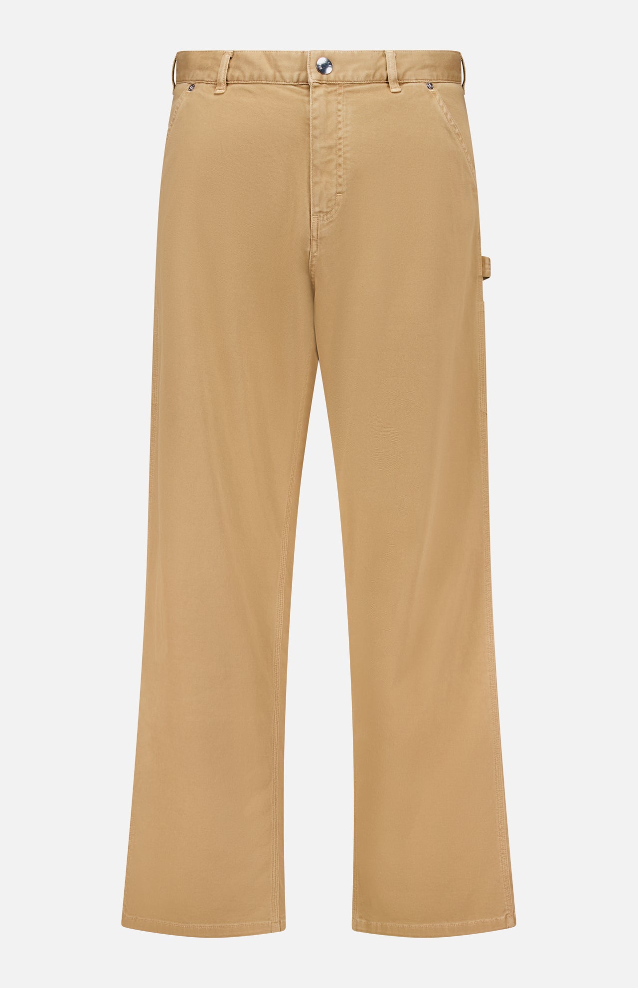 The MONCLER Stretch Cotton Cargo Trouser Pants in tan feature a straight-leg fit, belt loops, front pockets, and button closure. Shown on a plain white background.