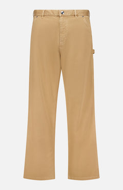 The MONCLER Stretch Cotton Cargo Trouser Pants in tan feature a straight-leg fit, belt loops, front pockets, and button closure. Shown on a plain white background.