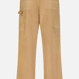 Back view of MONCLER Stretch Cotton Cargo Trouser Pants in tan, featuring multiple patch pockets, belt loops, and a side utility loop detail, shown against a plain white background.