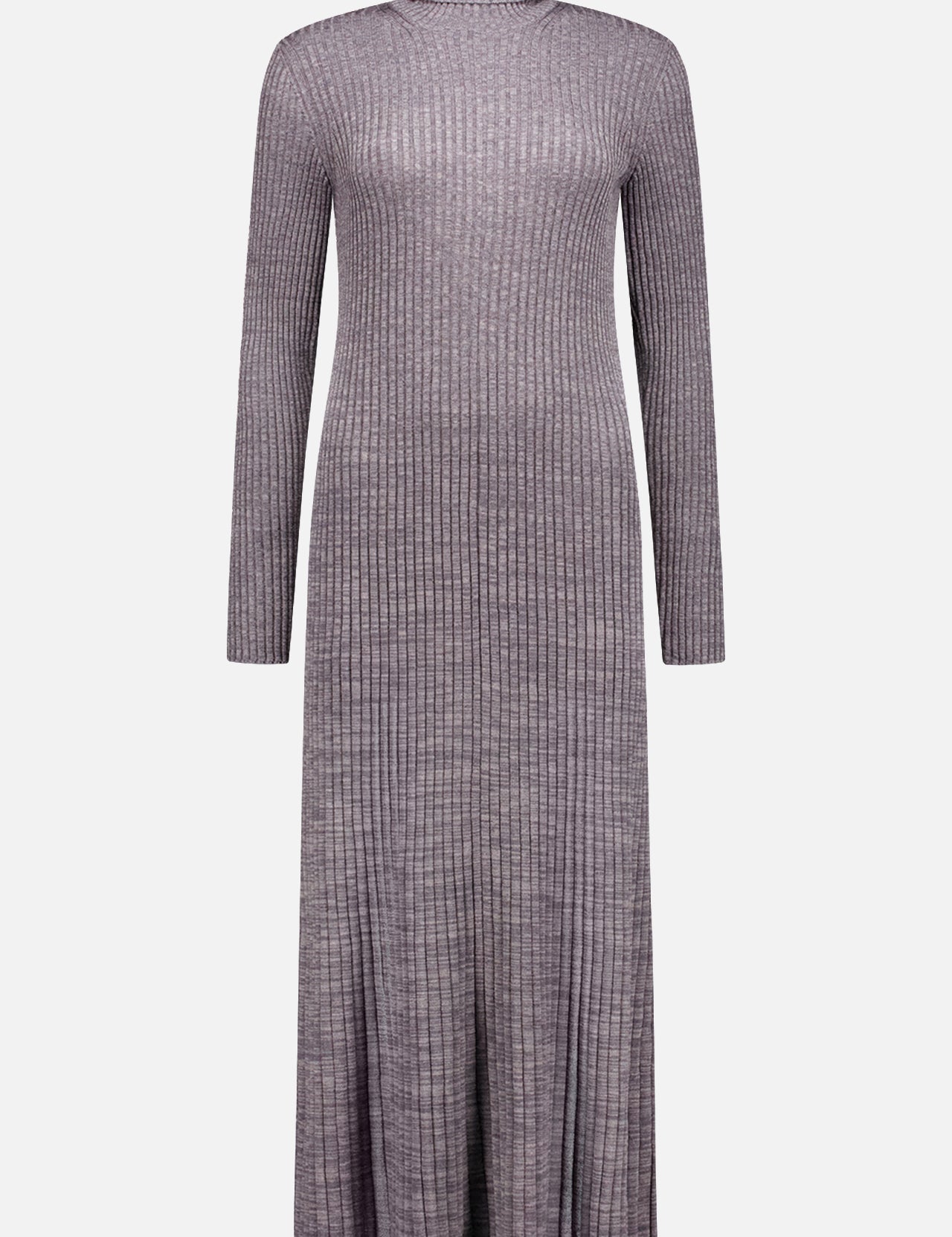 The MONCLER Dress is a long-sleeved, ankle-length, ribbed piece in muted purple-grey mouliné wool, featuring a mock turtleneck and subtle front slit.