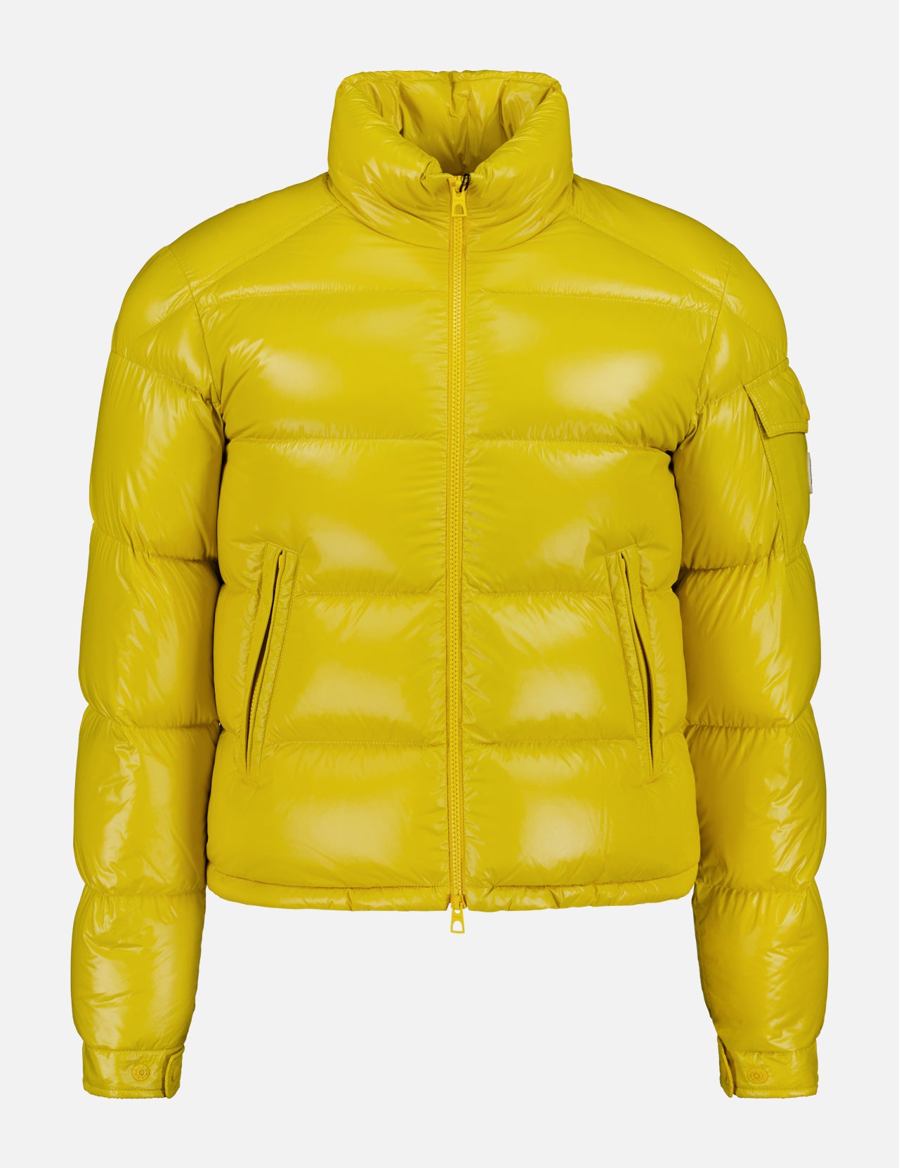The MONCLER Levitha Sleeve Pocket Puffer Jacket is a bright yellow, slim-fit outerwear featuring a high collar, front zipper, and two zippered side pockets, showcased against a plain white background.