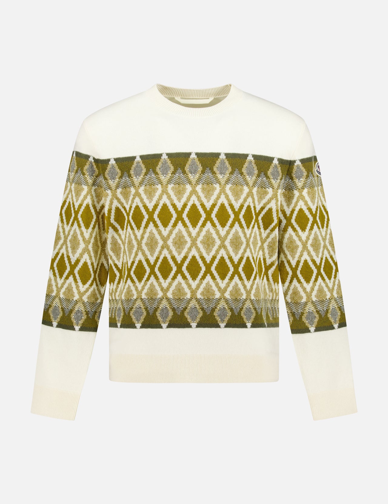 The MONCLER Long Sleeve Wool Sweater features a cream base with olive and beige geometric diamond patterns on the chest and sleeves, plus ribbed neckline, cuffs, and hem.