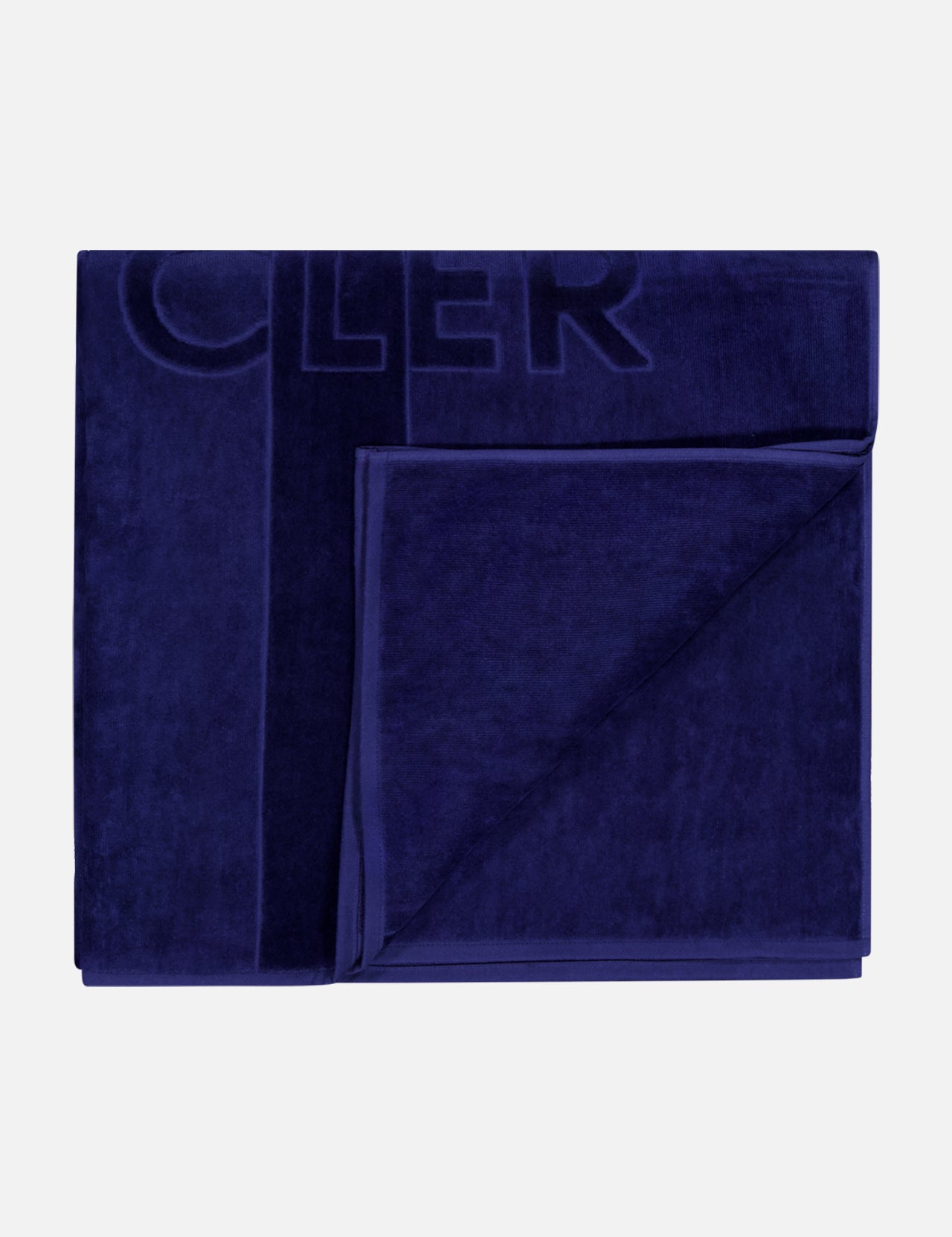 The MONCLER Logo Beach Towel, featuring a subtle embossed design and border in dark blue, is neatly folded and displayed on a light gray background.