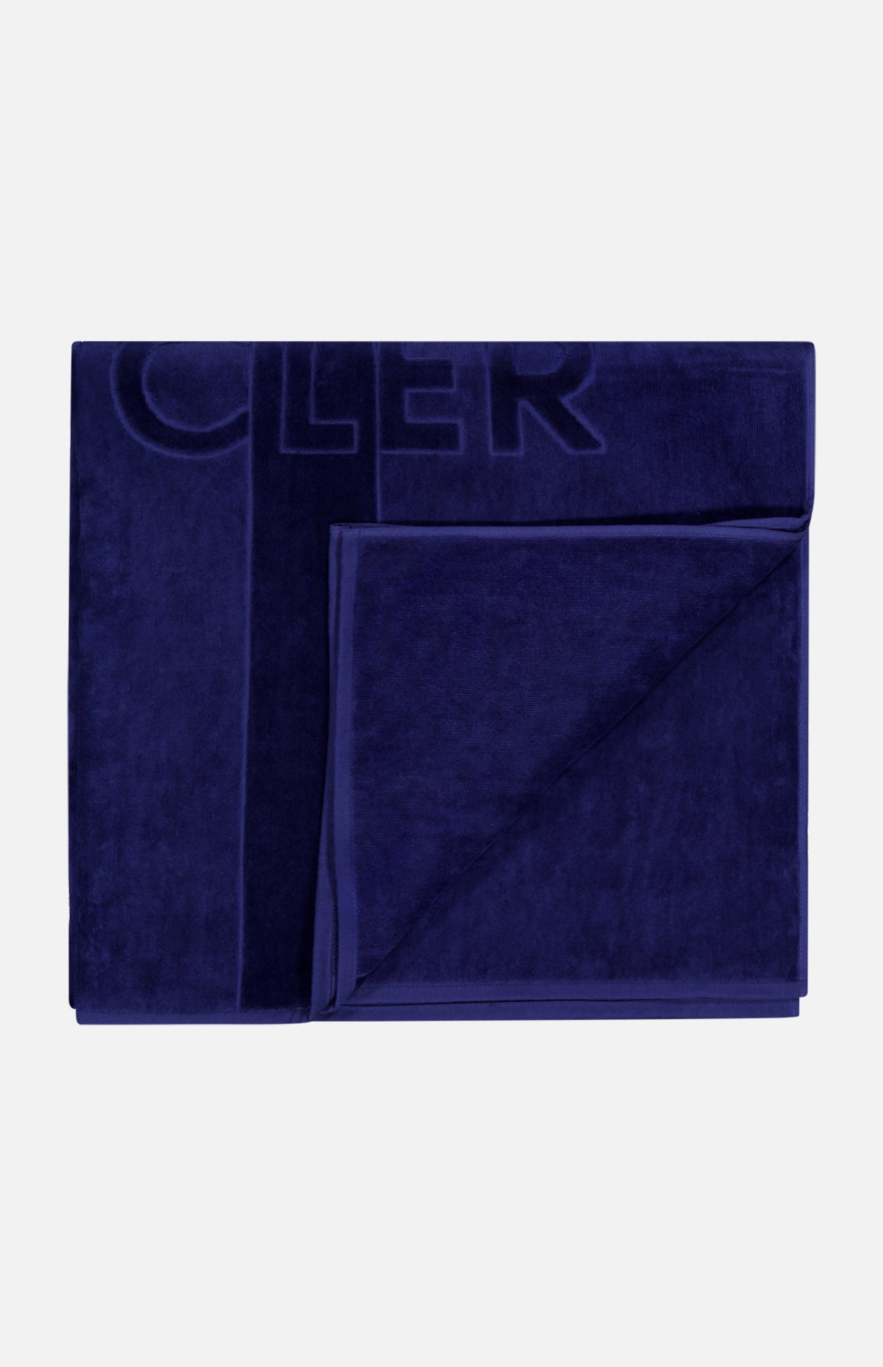 The MONCLER Logo Beach Towel, featuring a subtle embossed design and border in dark blue, is neatly folded and displayed on a light gray background.