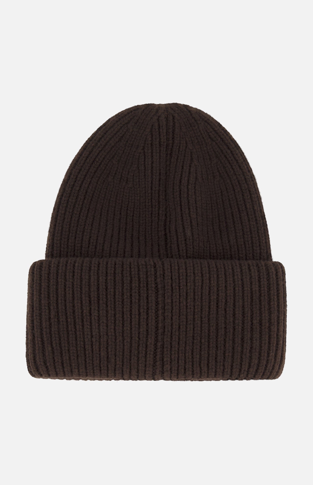 A MONCLER Contrast Logo Beanie in dark brown, crafted from virgin wool with a ribbed design and a folded brim, displayed against a plain white background.