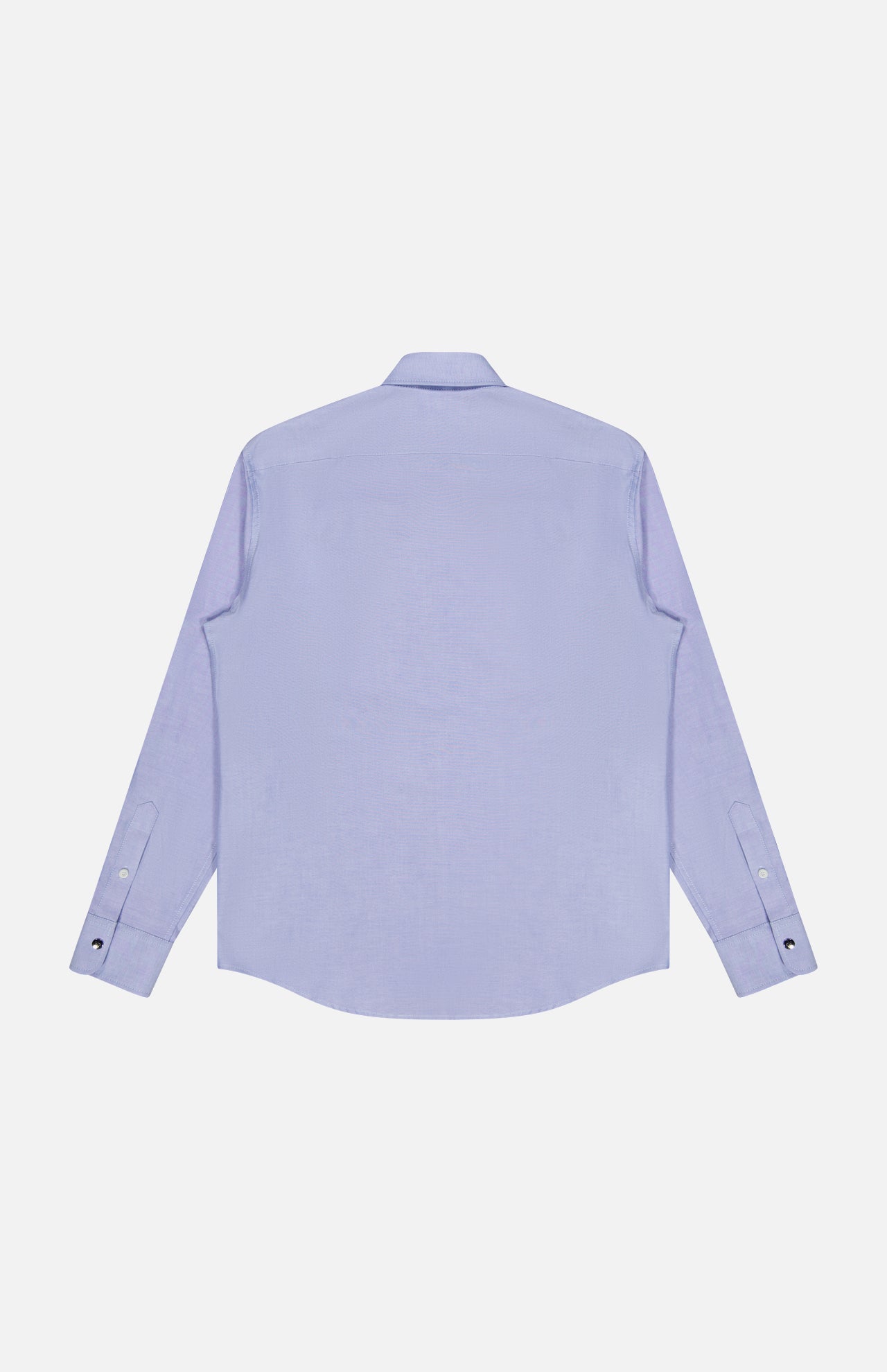 Back view of the MONCLER Cotton Button Up Shirt in light purple, with classic collar and buttoned cuffs, laid flat on a white background.