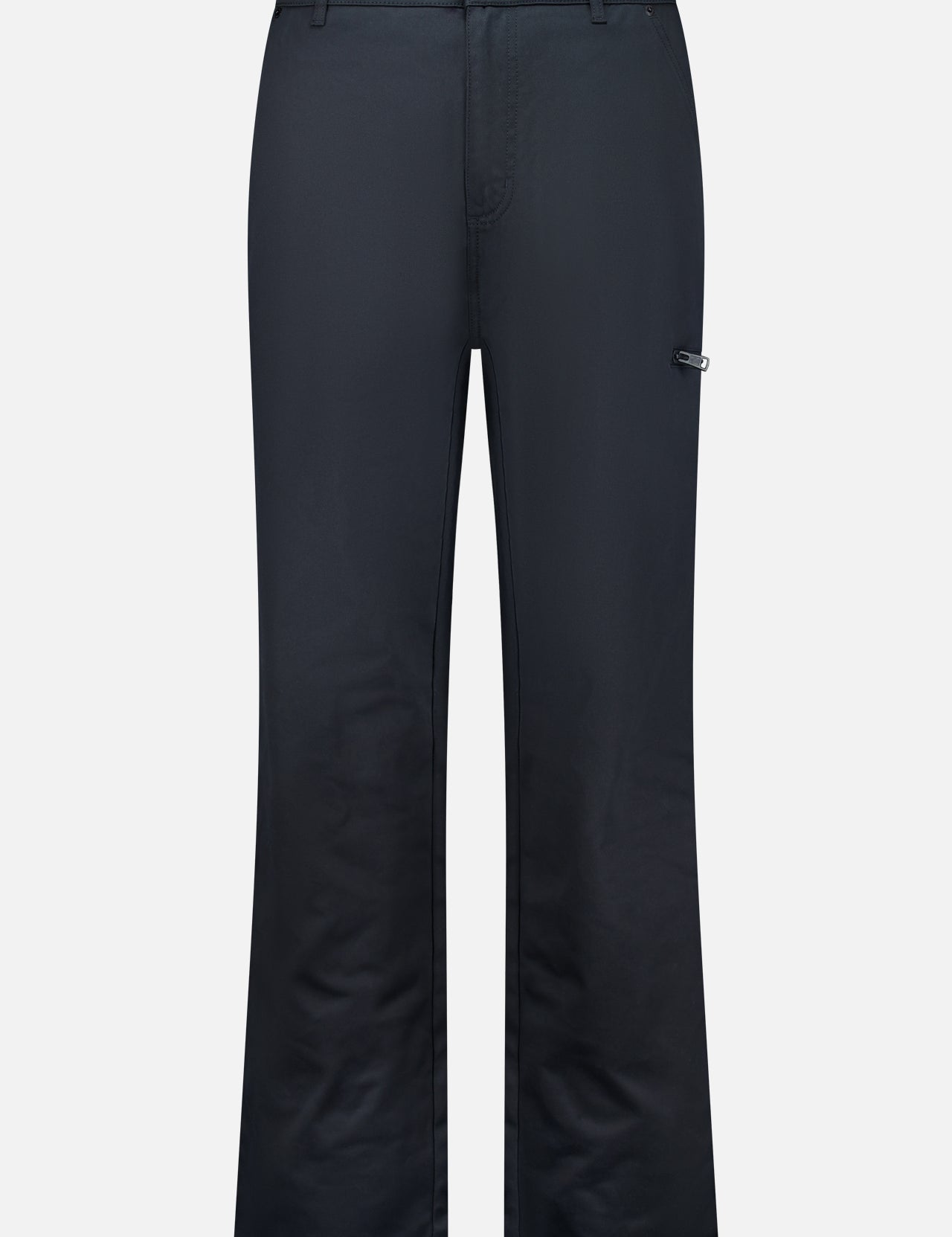 Presenting the MONCLER Zip Pocket Stretch Pant: these dark blue straight-leg pants feature front pockets, a secure button and zipper closure, belt loops, and a distinctive small side loop detail on the right thigh. Taking inspiration from classic zip pocket pants, this design blends style with practicality. The Zip Pocket Stretch Pant is shown against a clean white background.