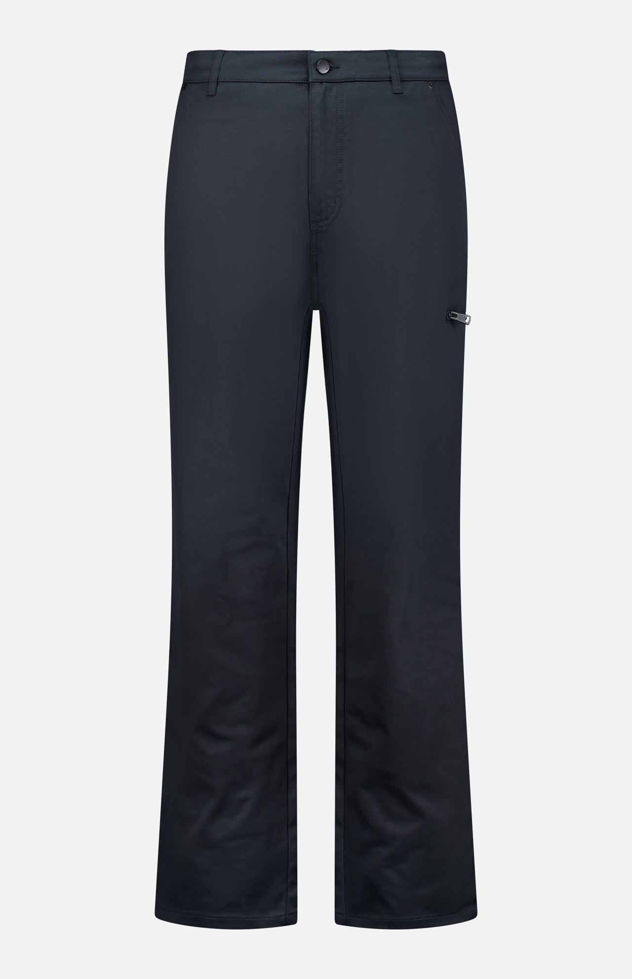Presenting the MONCLER Zip Pocket Stretch Pant: these dark blue straight-leg pants feature front pockets, a secure button and zipper closure, belt loops, and a distinctive small side loop detail on the right thigh. Taking inspiration from classic zip pocket pants, this design blends style with practicality. The Zip Pocket Stretch Pant is shown against a clean white background.