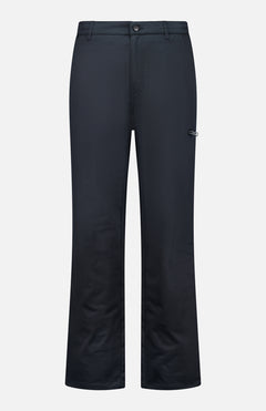 Presenting the MONCLER Zip Pocket Stretch Pant: these dark blue straight-leg pants feature front pockets, a secure button and zipper closure, belt loops, and a distinctive small side loop detail on the right thigh. Taking inspiration from classic zip pocket pants, this design blends style with practicality. The Zip Pocket Stretch Pant is shown against a clean white background.