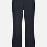 Back view of the MONCLER Zip Pocket Stretch Pant in black, featuring wide legs, two back pockets, belt loops, and a small zip pocket on the right hip, displayed against a plain white background.