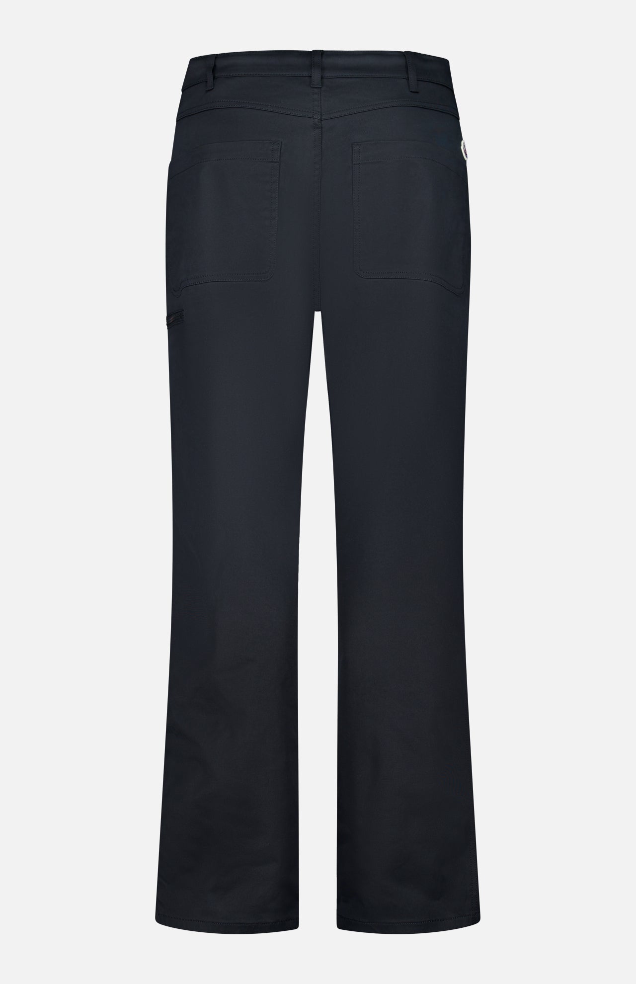 Back view of the MONCLER Zip Pocket Stretch Pant in black, featuring wide legs, two back pockets, belt loops, and a small zip pocket on the right hip, displayed against a plain white background.