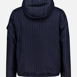 The MONCLER Ceze Striped Reversible Jacket is shown from the back in dark blue with thin vertical white pinstripes, set against a plain white background.
