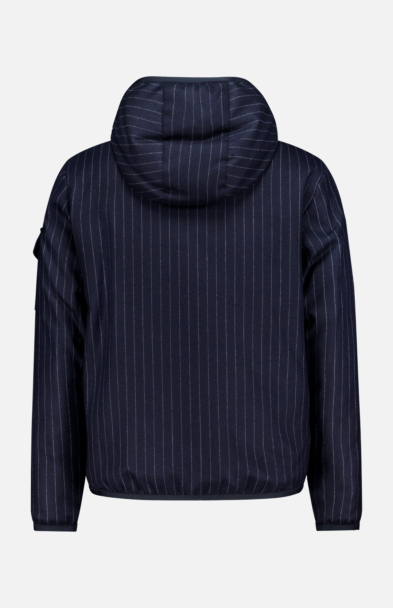 The MONCLER Ceze Striped Reversible Jacket is shown from the back in dark blue with thin vertical white pinstripes, set against a plain white background.