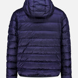 The Ceze Striped Reversible Jacket by MONCLER is a dark purple, hooded down jacket with a quilted design, displayed from the back on a plain white background, reflecting the brand’s signature luxurious style.