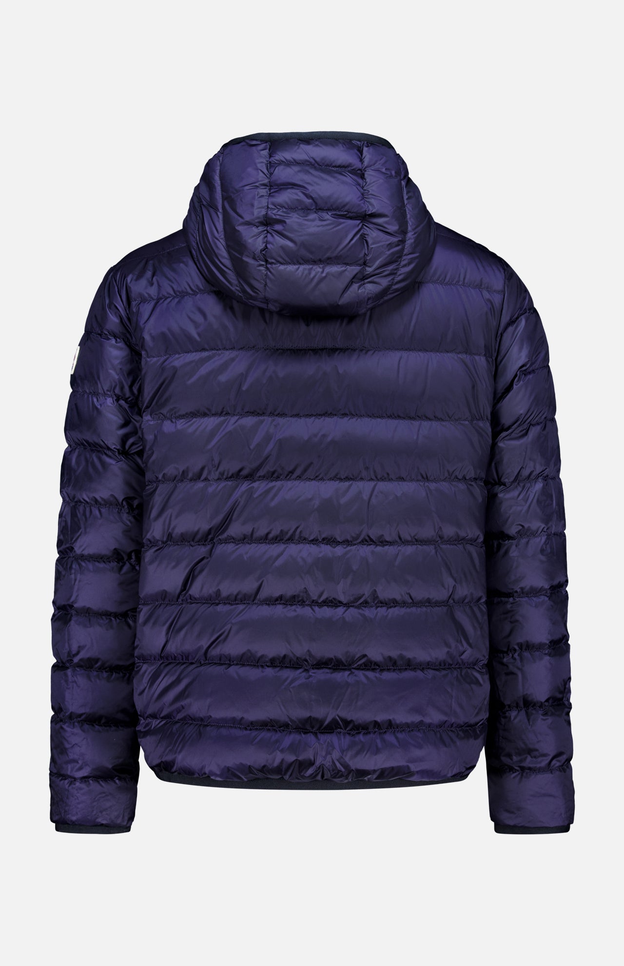 The Ceze Striped Reversible Jacket by MONCLER is a dark purple, hooded down jacket with a quilted design, displayed from the back on a plain white background, reflecting the brand’s signature luxurious style.