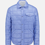 The MONCLER Reversible Crescent Shirt Jacket is a light blue men's outerwear with snap buttons, a collar, long sleeves, a chest pocket, subtle grid stitching, and a slight sheen.