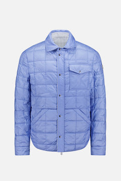 The MONCLER Reversible Crescent Shirt Jacket is a light blue men's outerwear with snap buttons, a collar, long sleeves, a chest pocket, subtle grid stitching, and a slight sheen.