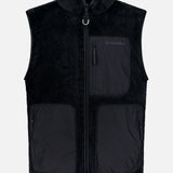 Certainly! Here’s a rewritten version of the sentence using your product data: The MONCLER Fleeced Chest Pocket Vest is a sleek black fleece vest featuring a high collar, front zipper, and three spacious black zippered pockets on the front. The signature Moncler logo is displayed on the left chest pocket. Designed as a dependable cold-weather essential, it stands out against a plain white background.