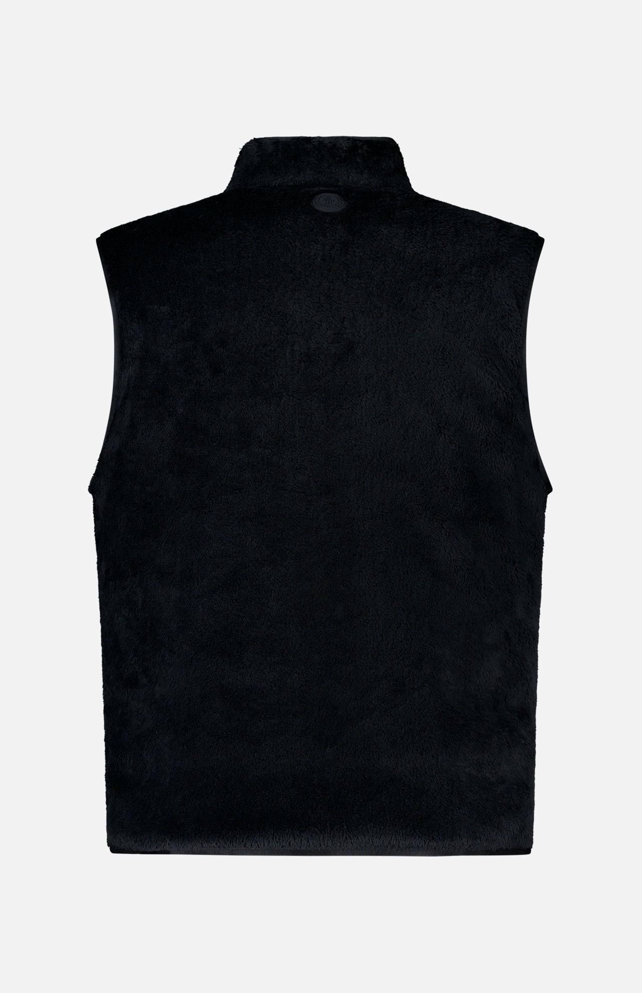 The MONCLER Fleeced Chest Pocket Vest is pictured from the back against a light gray background. This sleeveless black vest features a high collar and a soft, fuzzy texture, making it an essential cold-weather staple for your outerwear collection.